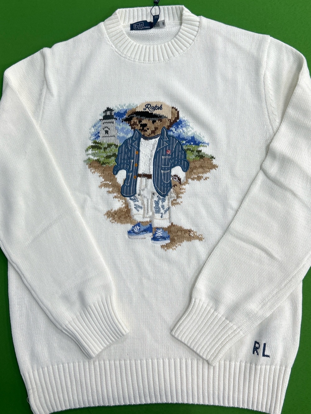 Polo by Ralph Lauren White Crewneck Sweater with Embroidered Nautical Coat Motif